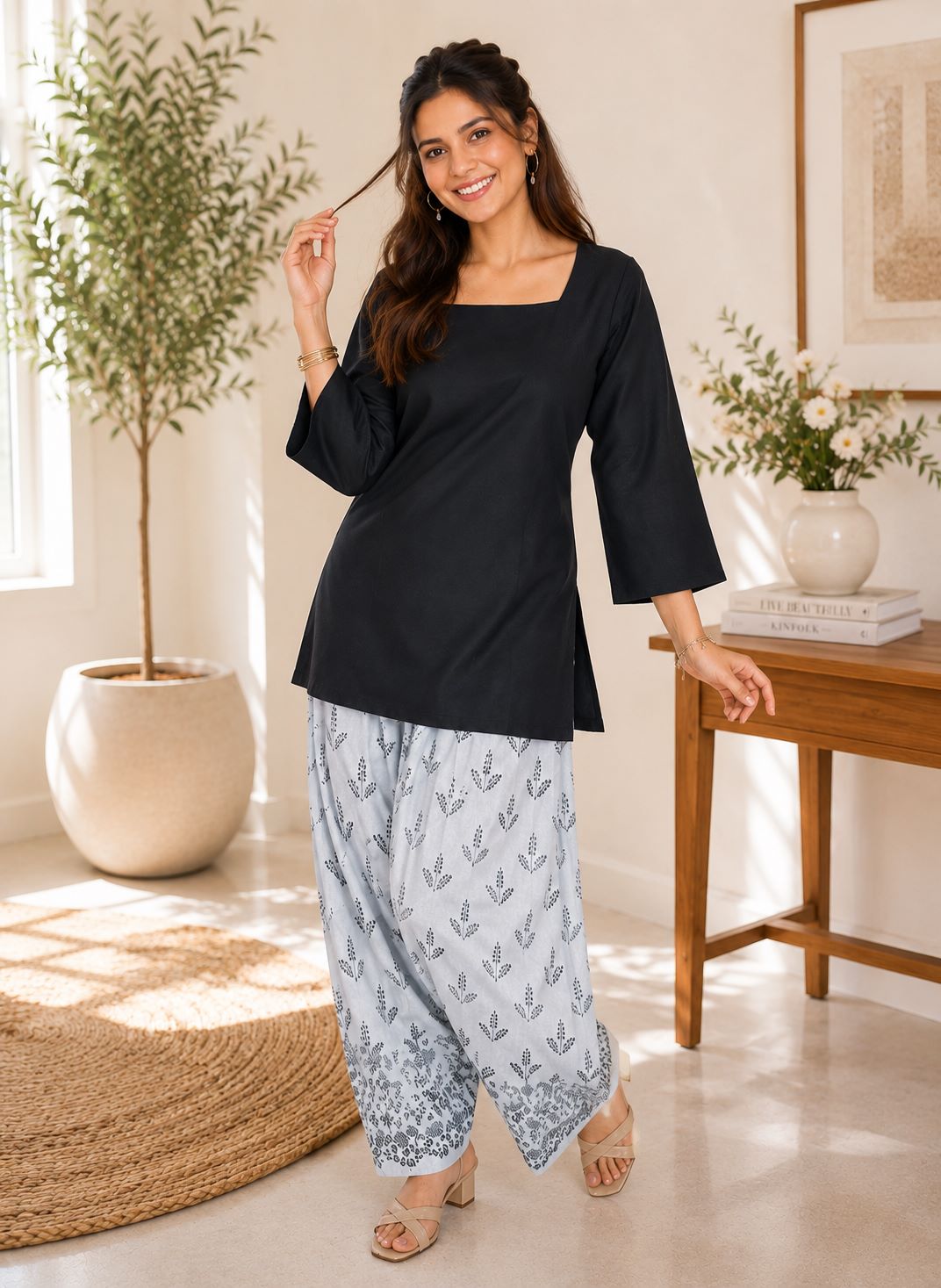 Myshka Women Black Long Bell Sleeves Cotton Blend Solid Kurta with Printed Farsi Salwar