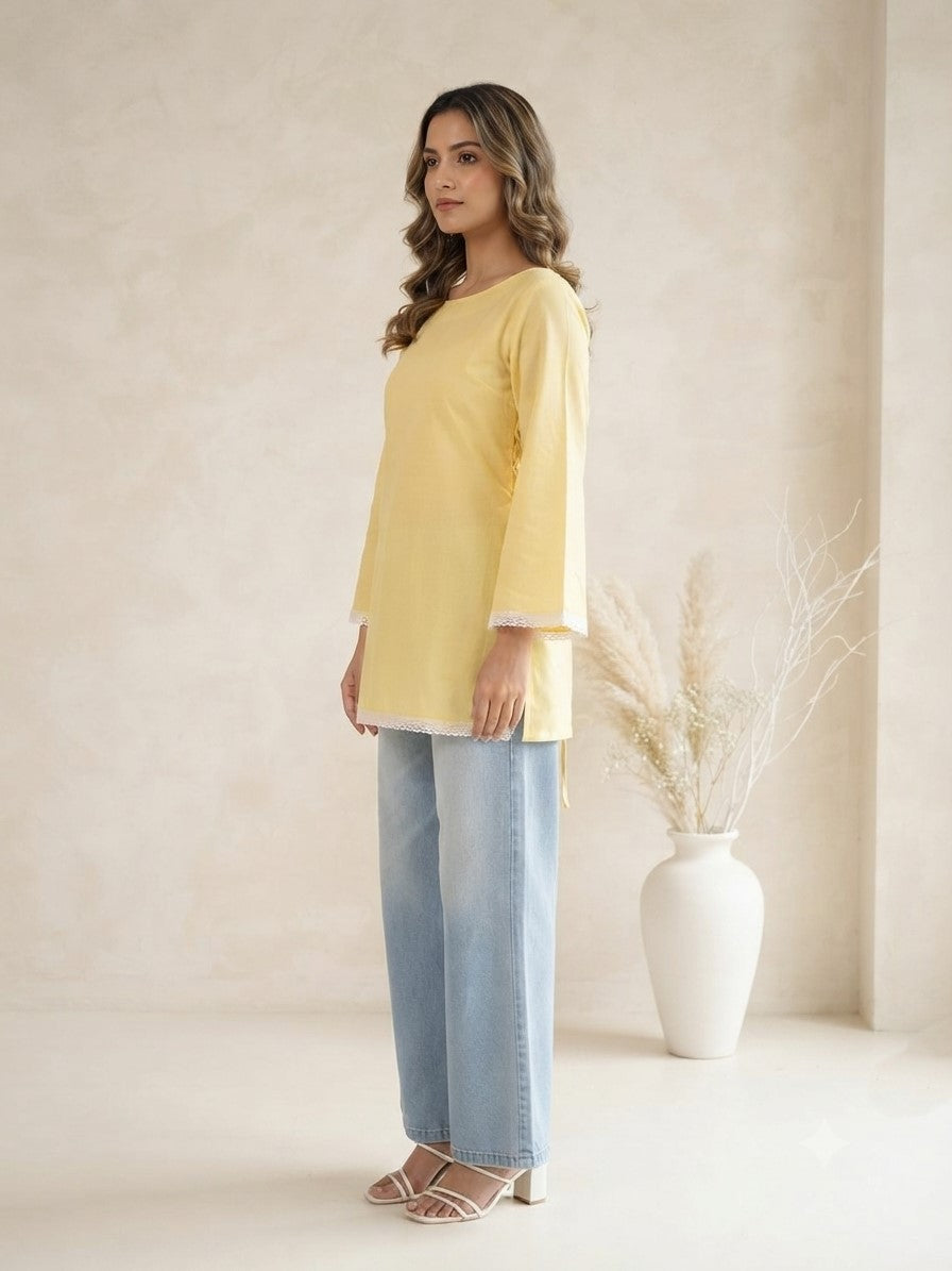 MYSHKA Women's Solid Yellow Cotton Blend Bell Sleeve Lace-Up Back Kurti