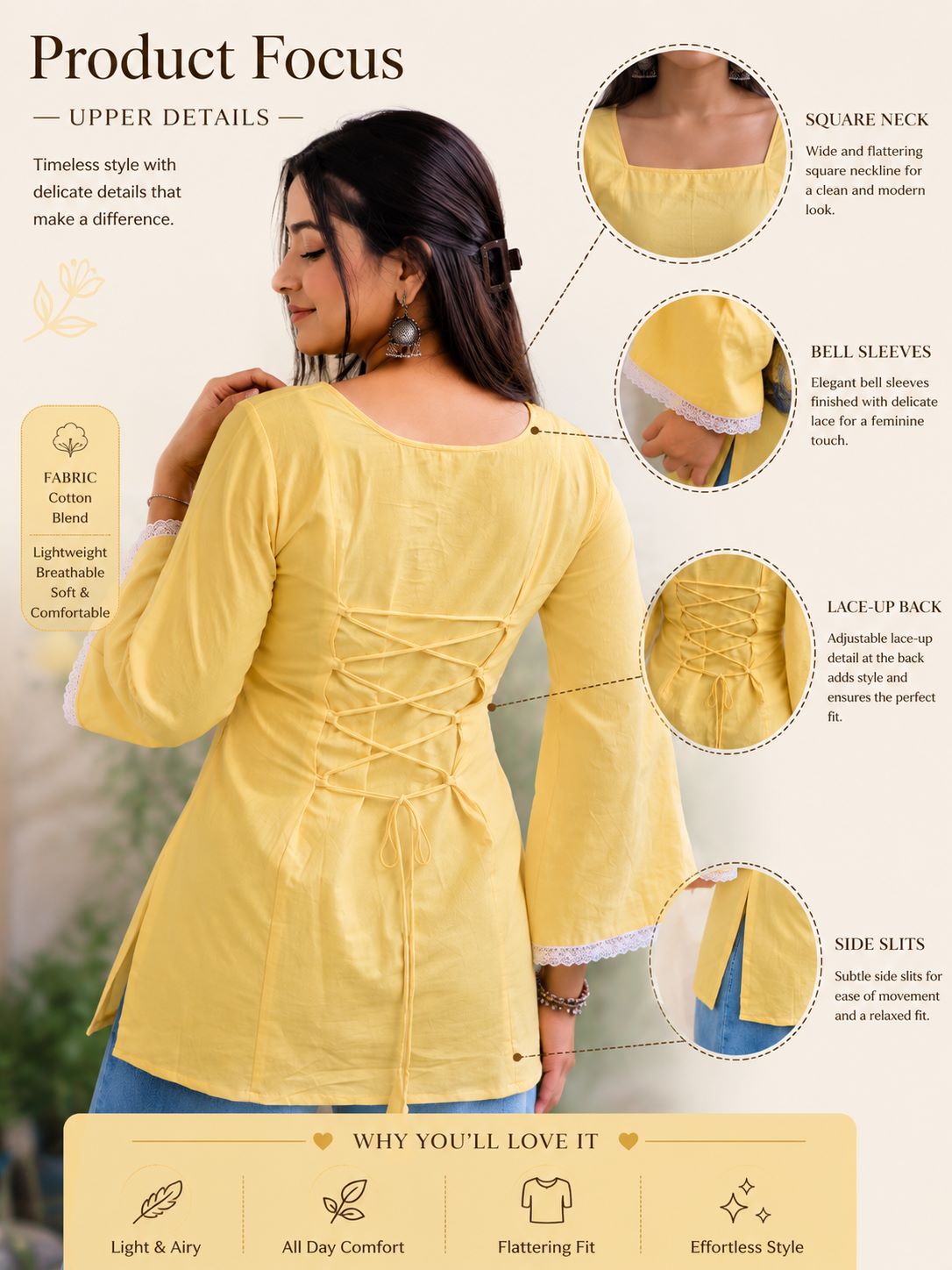 MYSHKA Women's Solid Yellow Cotton Blend Bell Sleeve Lace-Up Back Kurti