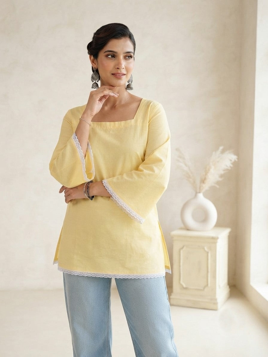 MYSHKA Women's Solid Yellow Cotton Blend Bell Sleeve Lace-Up Back Kurti