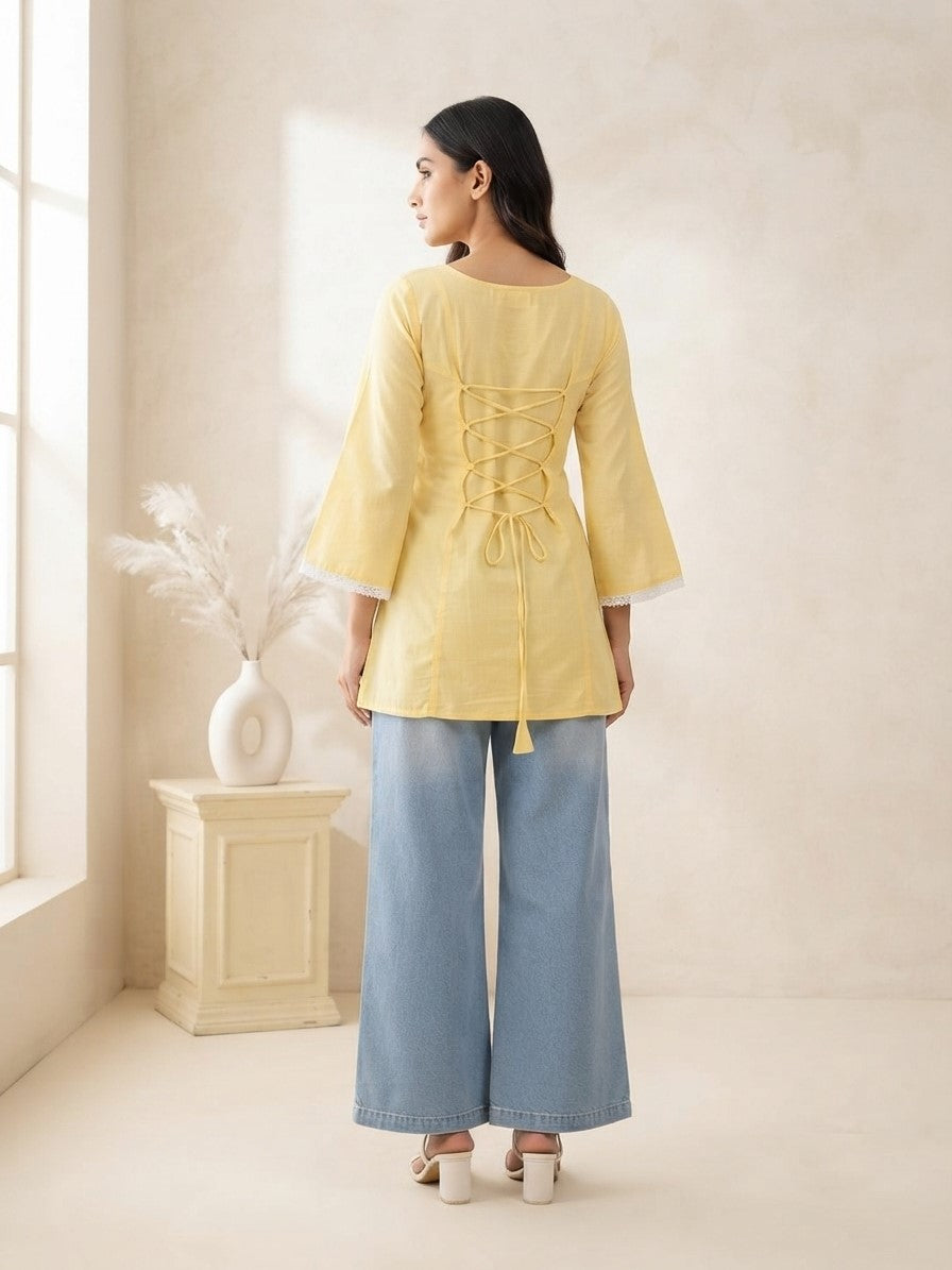 MYSHKA Women's Solid Yellow Cotton Blend Bell Sleeve Lace-Up Back Kurti