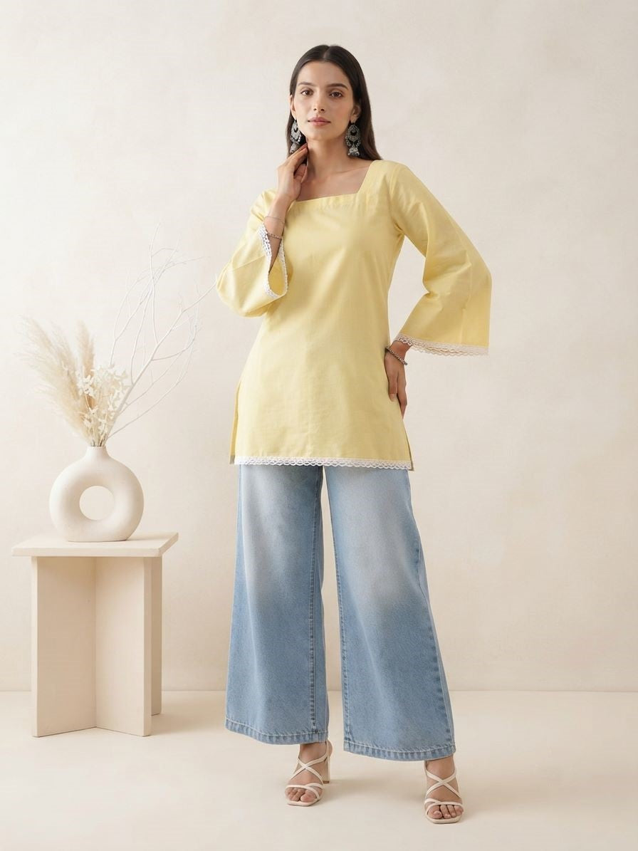 MYSHKA Women's Solid Yellow Cotton Blend Bell Sleeve Lace-Up Back Kurti