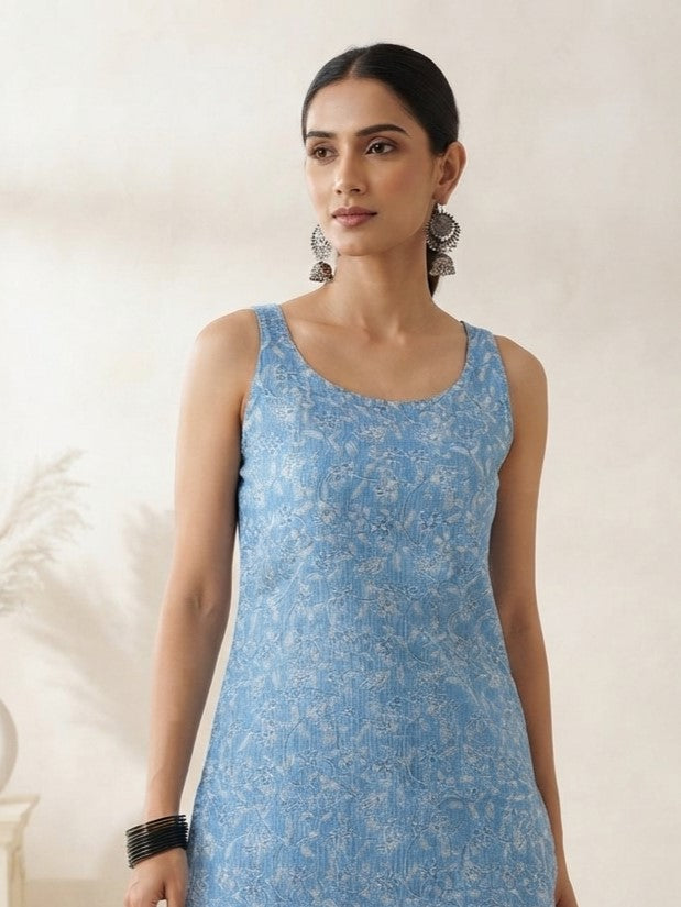 Myshka Women Blue Sleeveless Printed Self Woven DeH&Nin Cotton Blend Solid Kurti