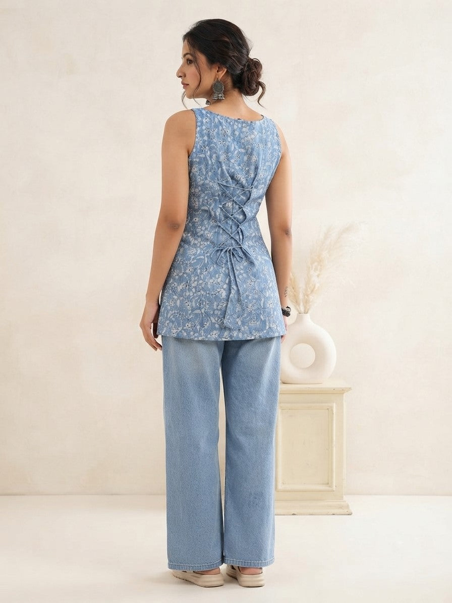 Myshka Women Blue Sleeveless Printed Self Woven DeH&Nin Cotton Blend Solid Kurti