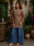 Myshka Women Brown & White Floral Embroidered Full Sleeves Cotton Kurti