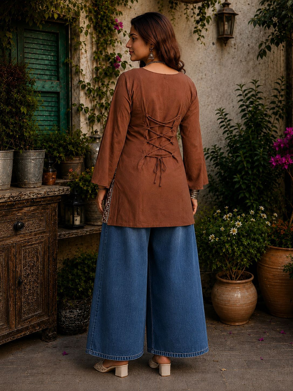Myshka Women Brown & White Floral Embroidered Full Sleeves Cotton Kurti