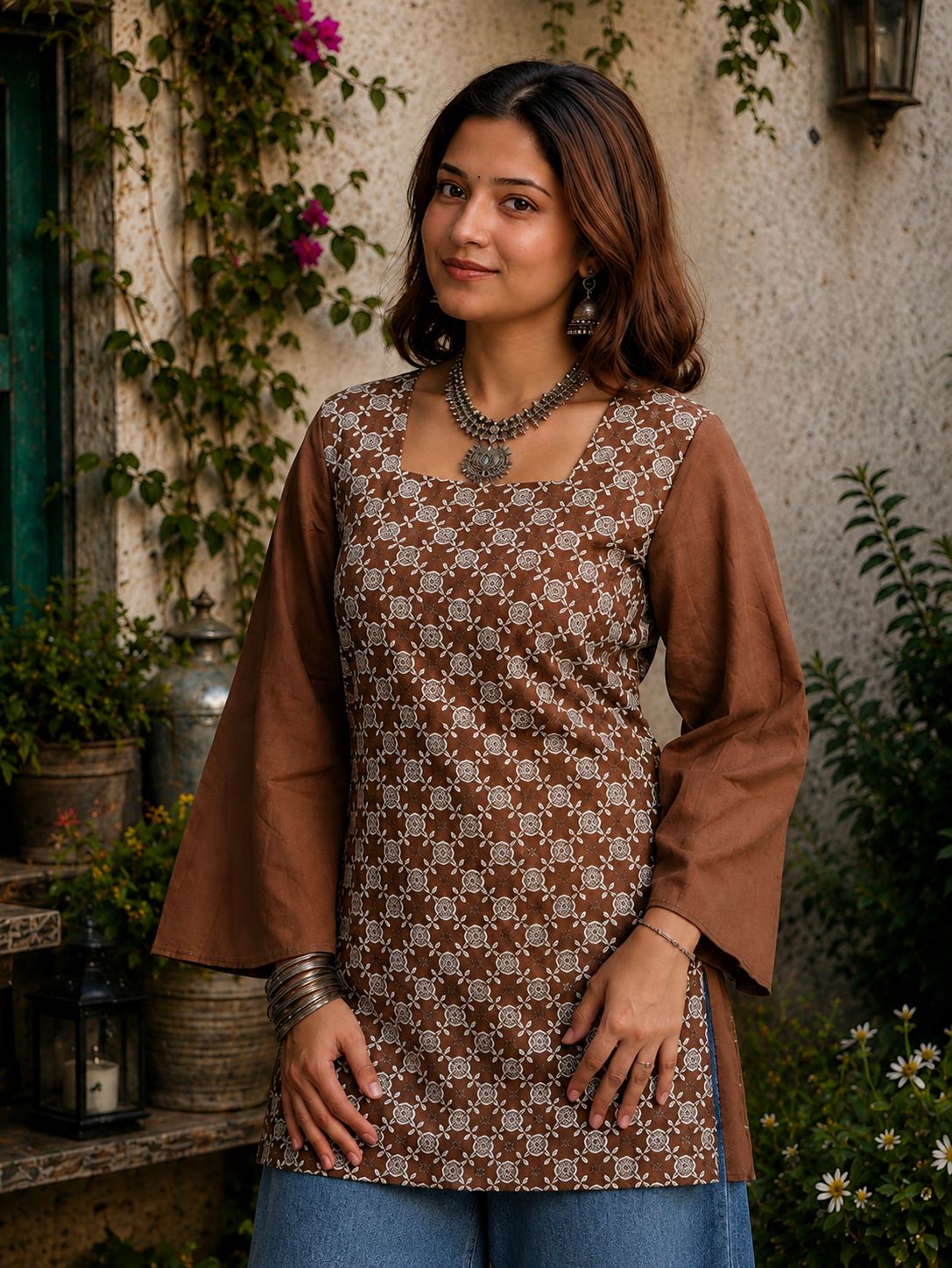 Myshka Women Brown & White Floral Embroidered Full Sleeves Cotton Kurti