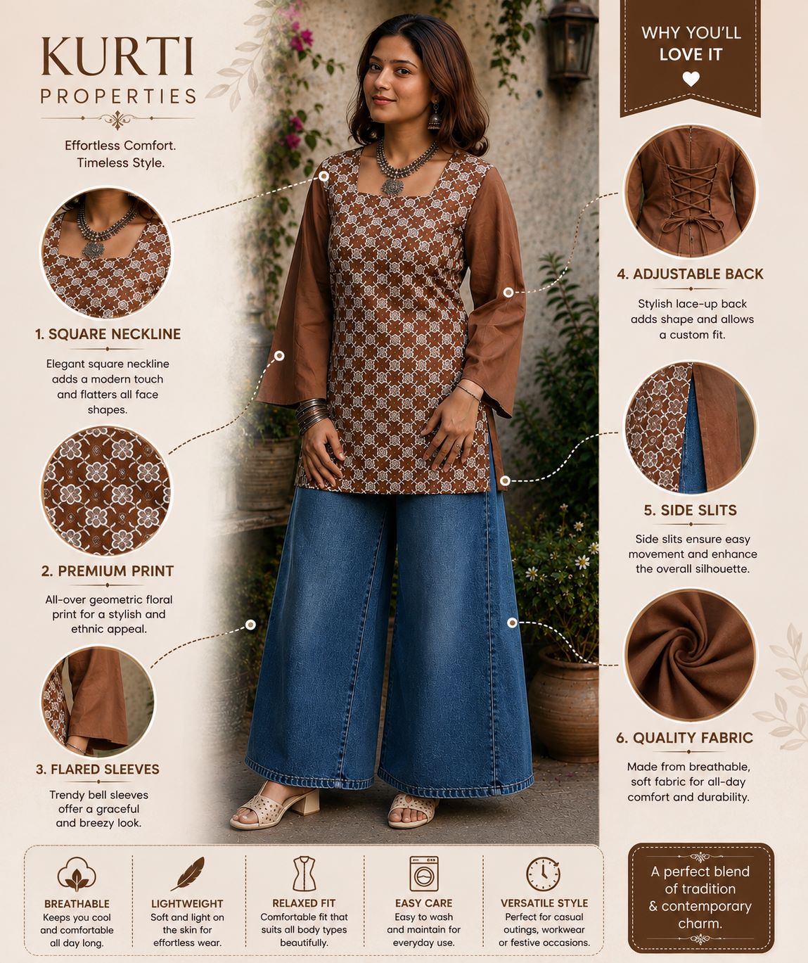 Myshka Women Brown & White Floral Embroidered Full Sleeves Cotton Kurti
