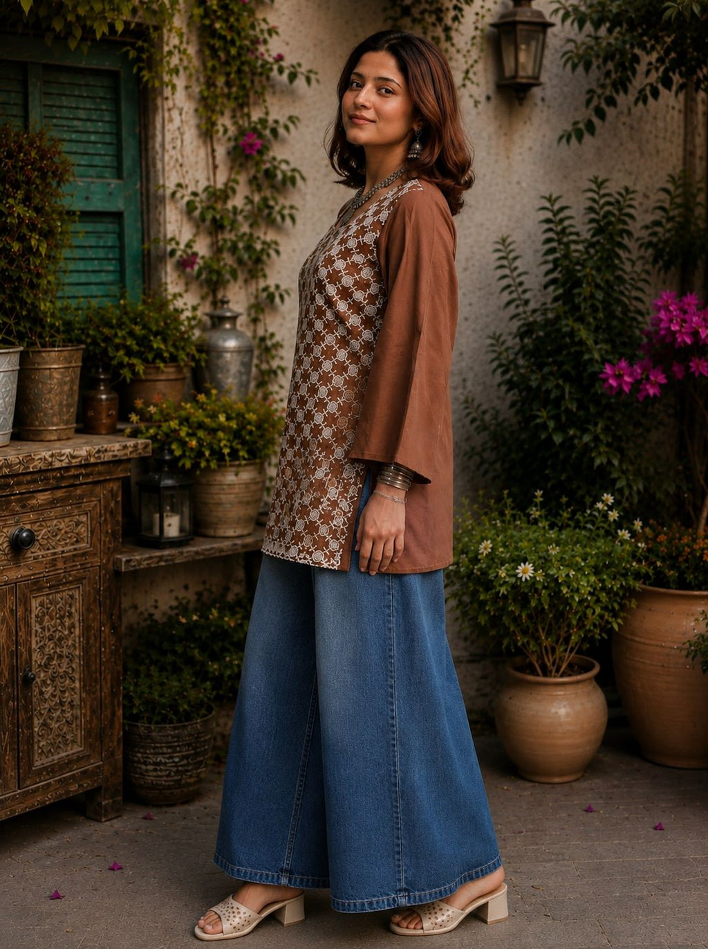 Myshka Women Brown & White Floral Embroidered Full Sleeves Cotton Kurti