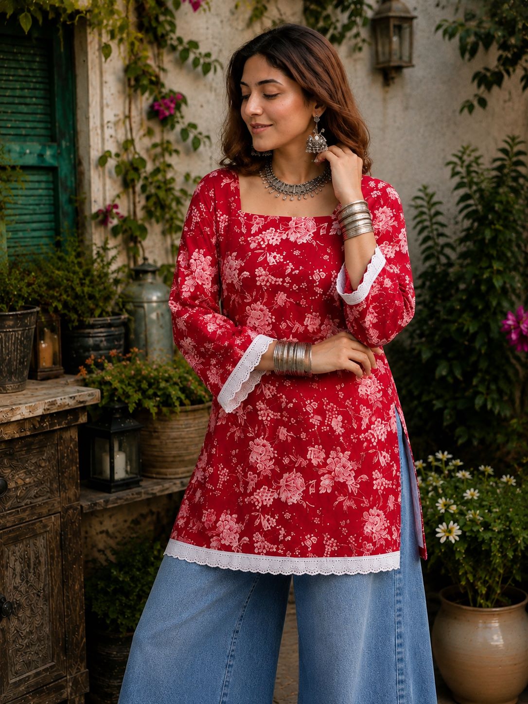 Myshka Women Red & White Floral Printed Full Sleeves Cotton Kurti with Lace Detail