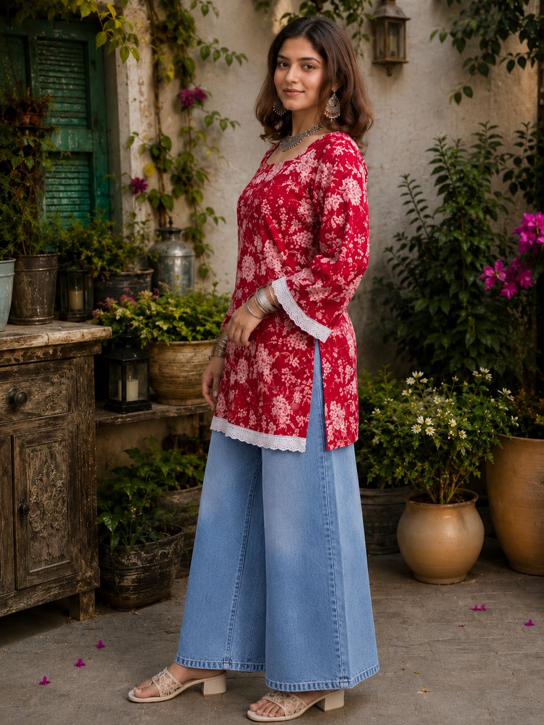 Myshka Women Red & White Floral Printed Full Sleeves Cotton Kurti with Lace Detail