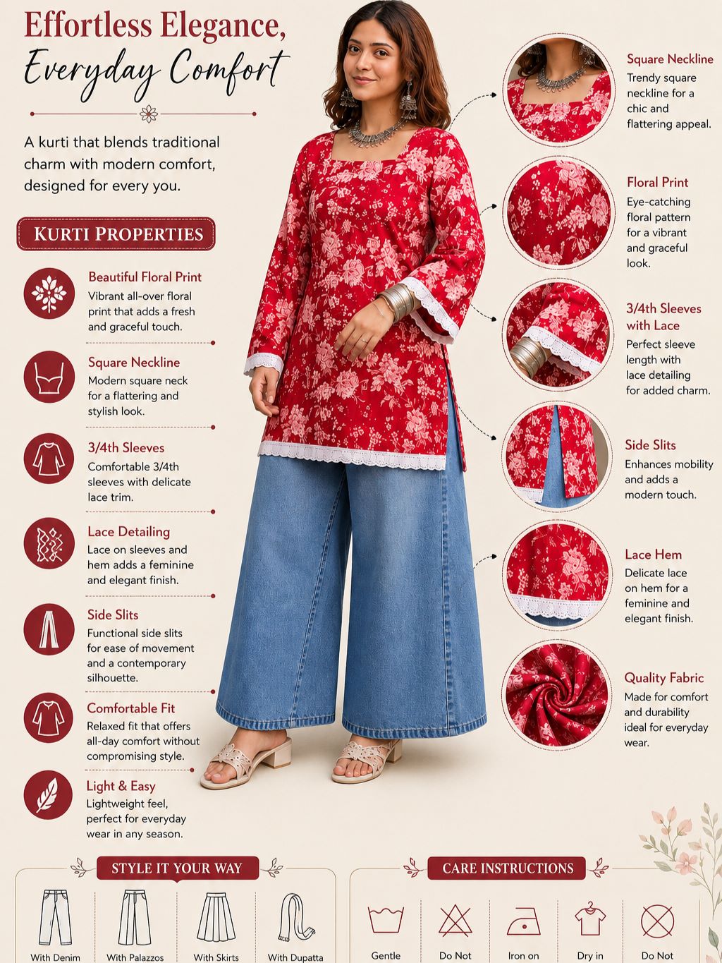 Myshka Women Red & White Floral Printed Full Sleeves Cotton Kurti with Lace Detail