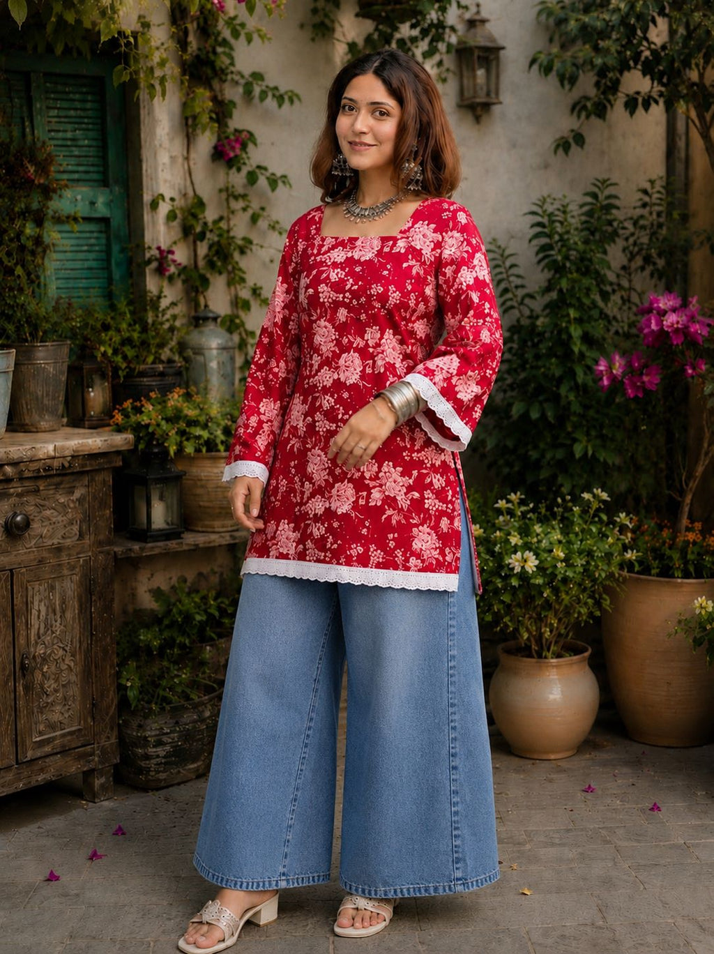 Myshka Women Red & White Floral Printed Full Sleeves Cotton Kurti with Lace Detail