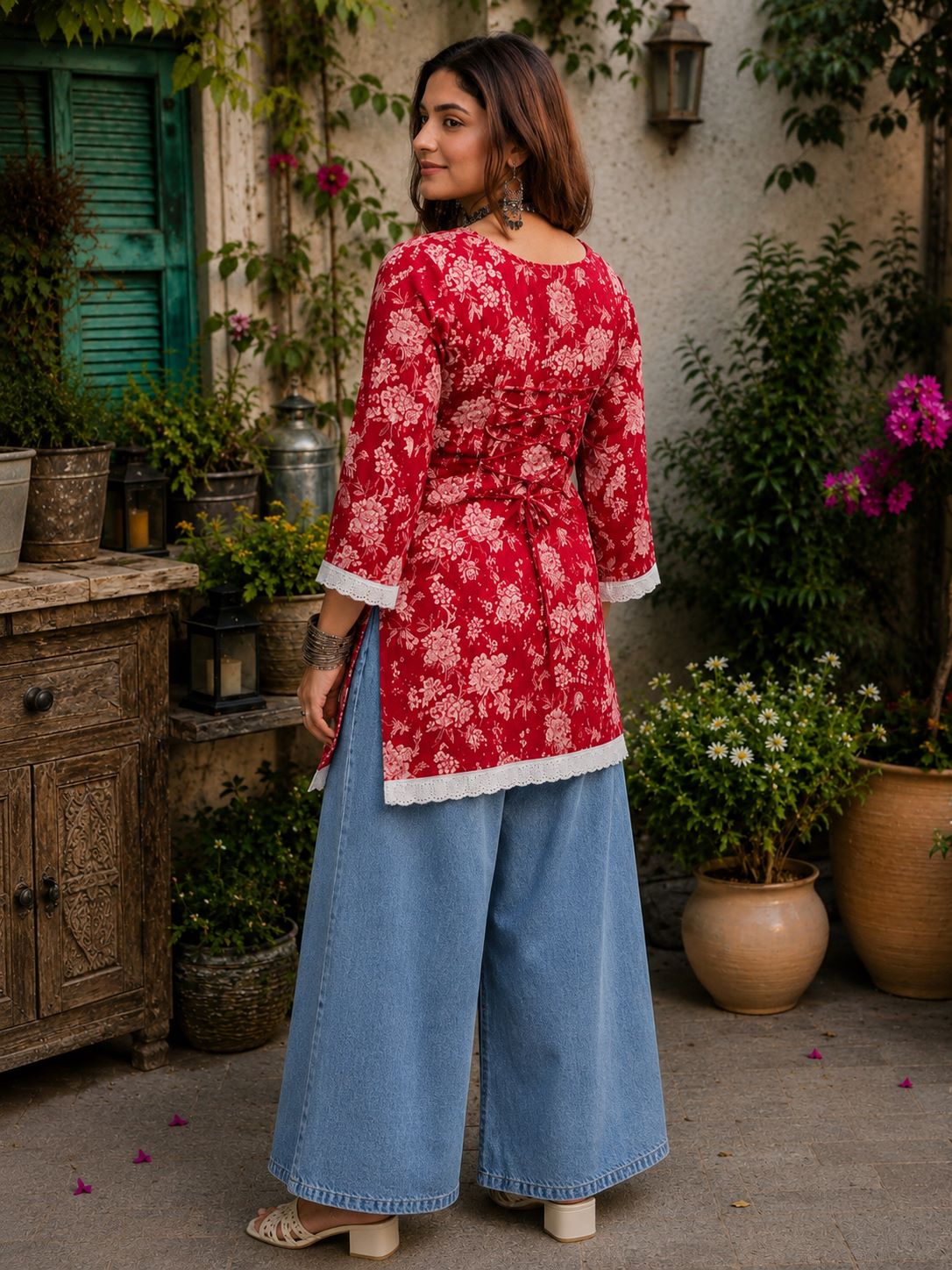 Myshka Women Red & White Floral Printed Full Sleeves Cotton Kurti with Lace Detail
