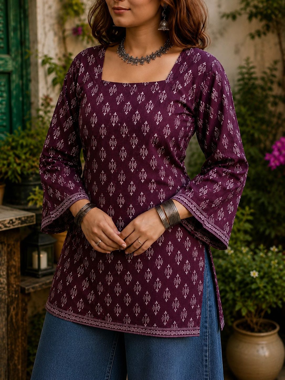 Myshka Women Purple Floral Printed Full Sleeves Cotton Kurti with Lace Detail