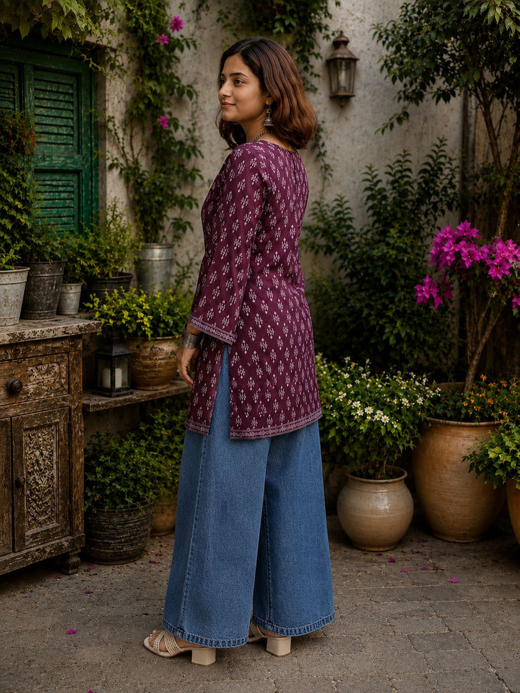 Myshka Women Purple Floral Printed Full Sleeves Cotton Kurti with Lace Detail