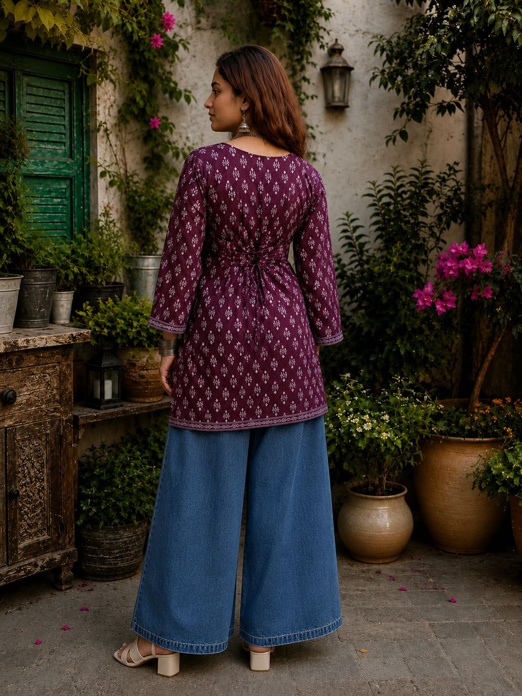 Myshka Women Purple Floral Printed Full Sleeves Cotton Kurti with Lace Detail