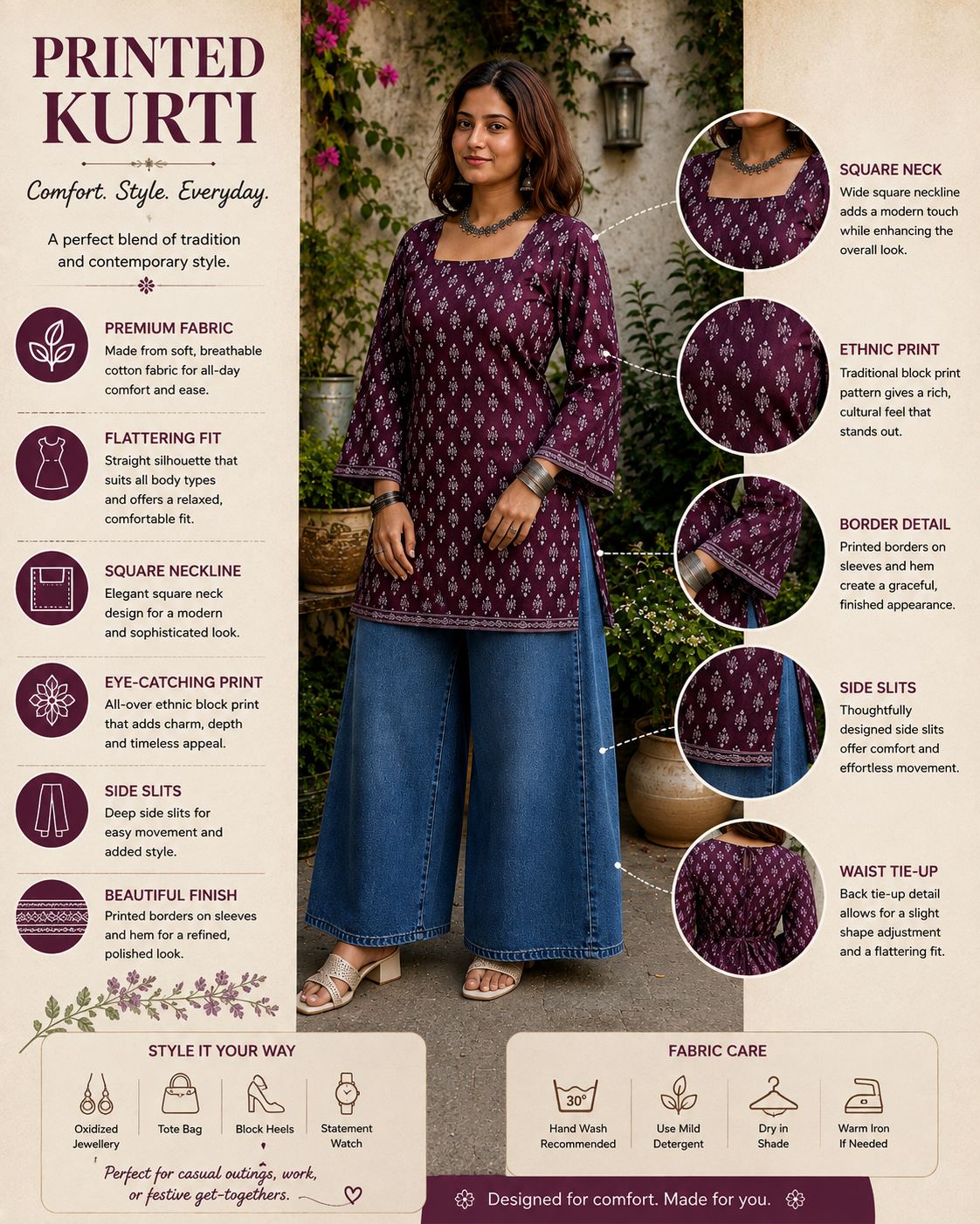 Myshka Women Purple Floral Printed Full Sleeves Cotton Kurti with Lace Detail
