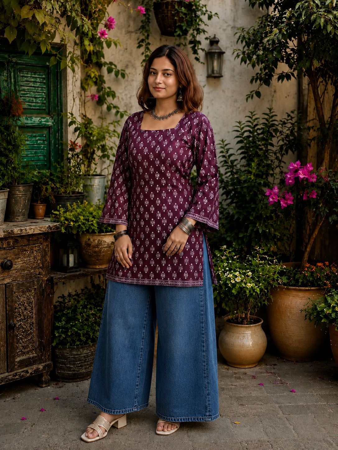 Myshka Women Purple Floral Printed Full Sleeves Cotton Kurti with Lace Detail