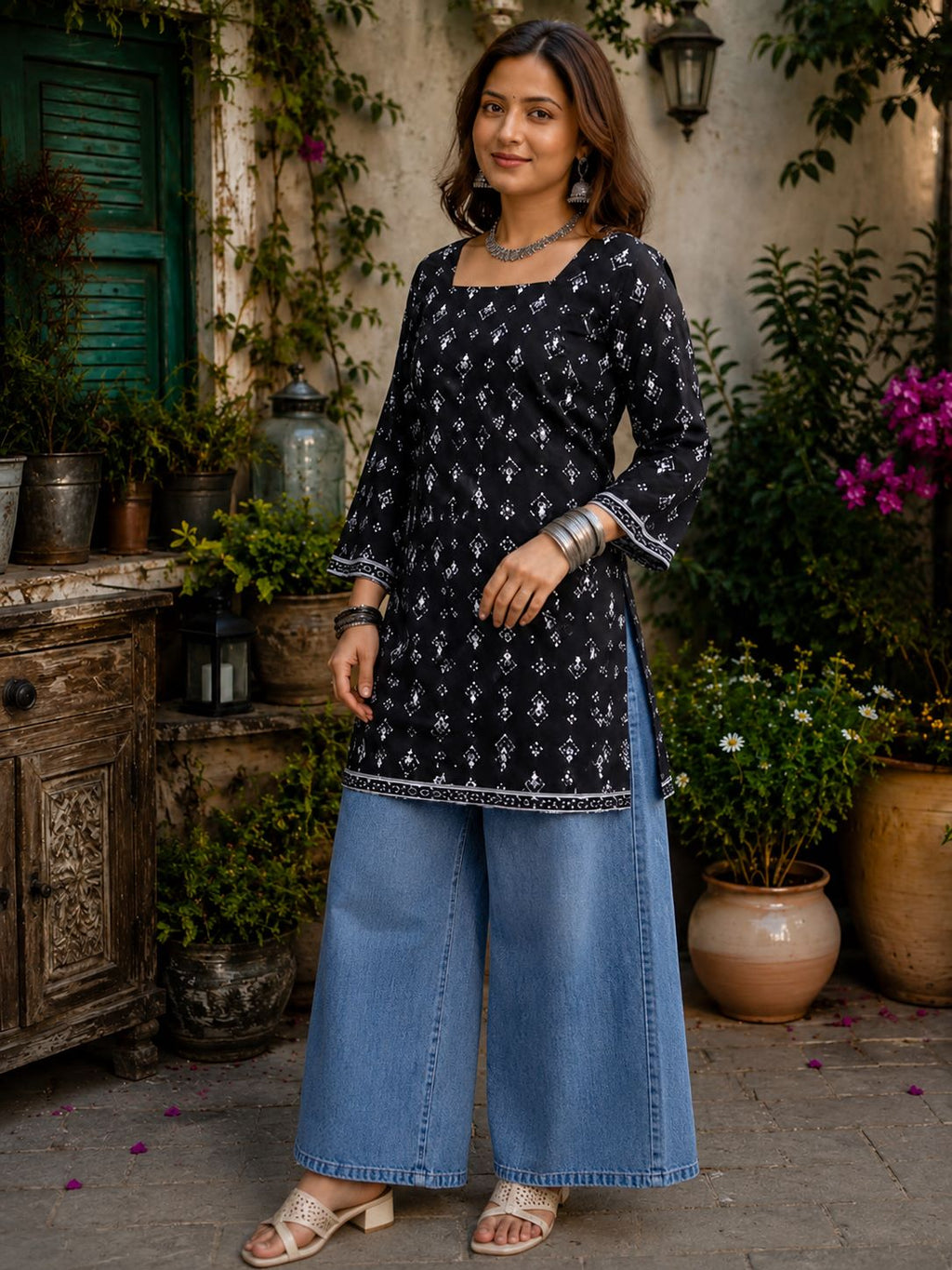 Myshka Women Black & White Floral Printed Full Sleeves Cotton Kurti with Lace Detail