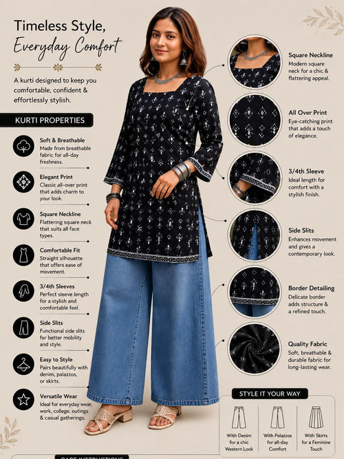 Myshka Women Black & White Floral Printed Full Sleeves Cotton Kurti with Lace Detail