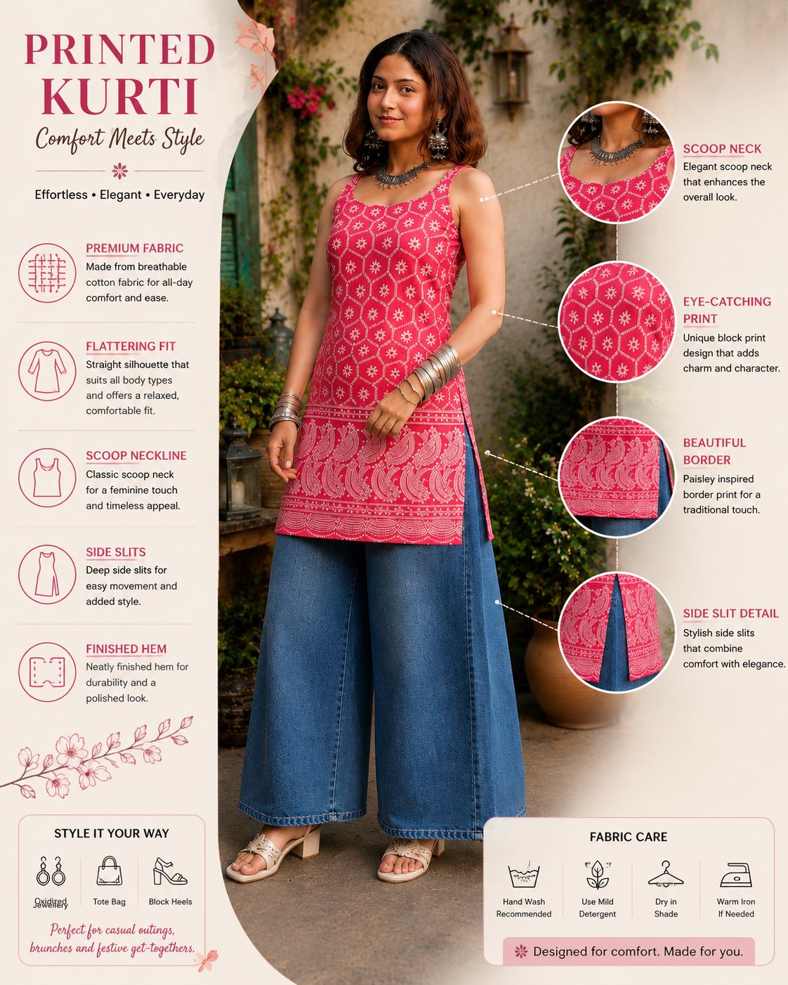 Myshka Women Pink & White Embroidered Sleeveless Kurti with Paisley Border