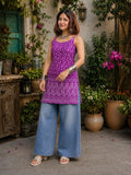 Myshka Women Purple & White Embroidered Sleeveless Kurti with Paisley Border