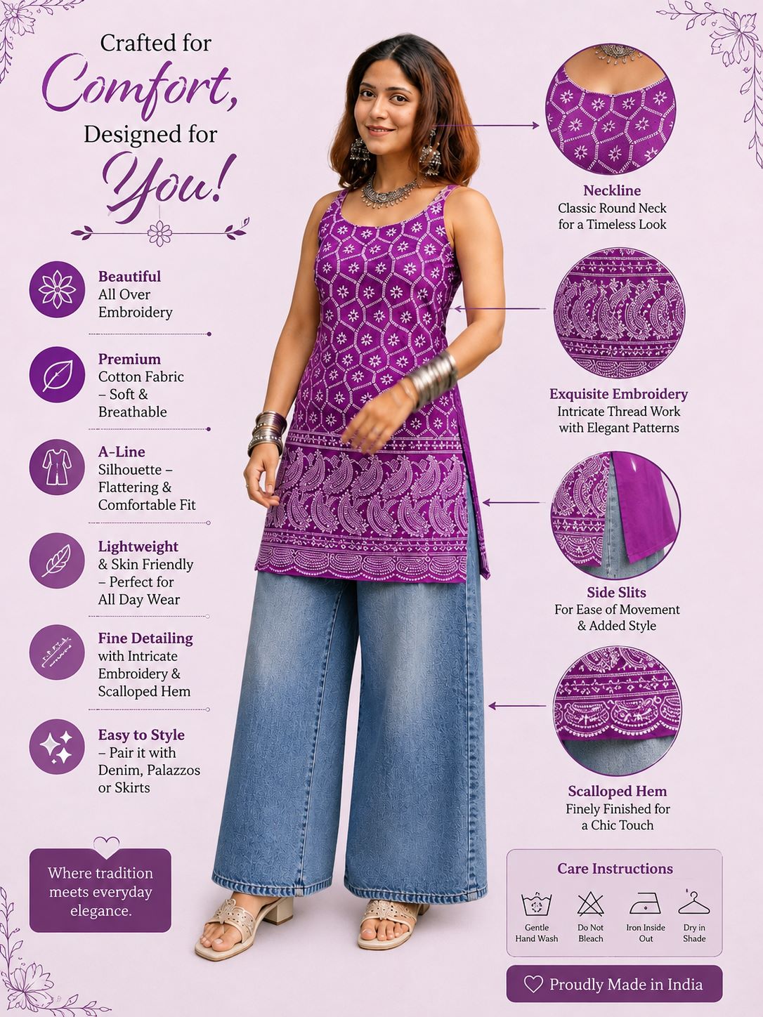 Myshka Women Purple & White Embroidered Sleeveless Kurti with Paisley Border