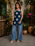 Myshka Women Greenish Blue & White Printed Sleeveless Kurti