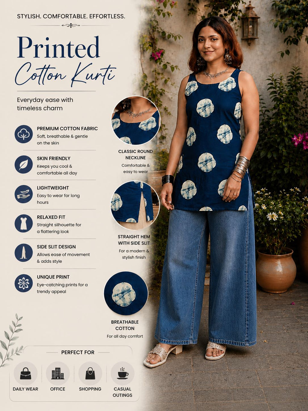 Myshka Women Greenish Blue & White Printed Sleeveless Kurti