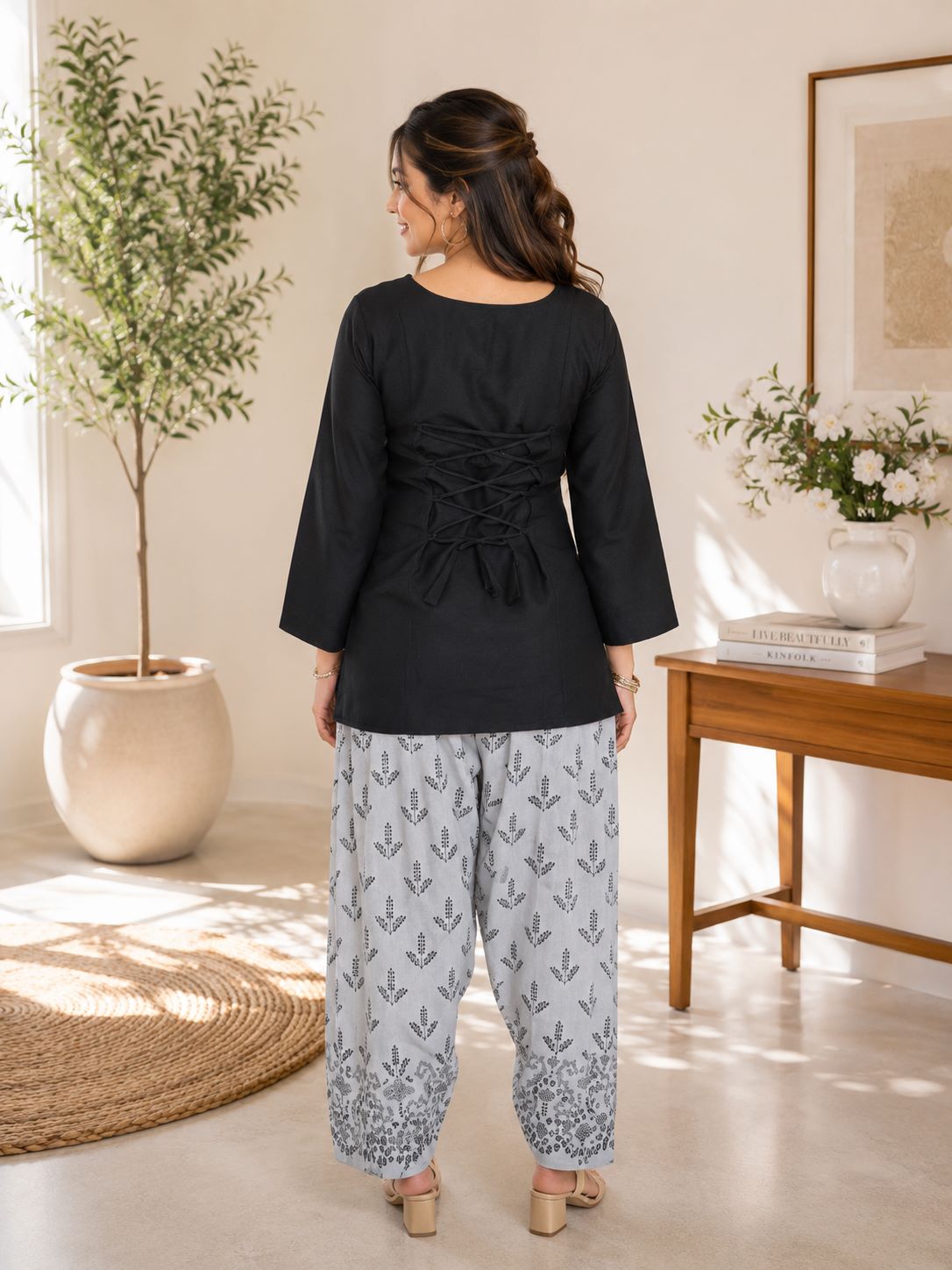 Myshka Women Black Long Bell Sleeves Cotton Blend Solid Kurta with Printed Farsi Salwar