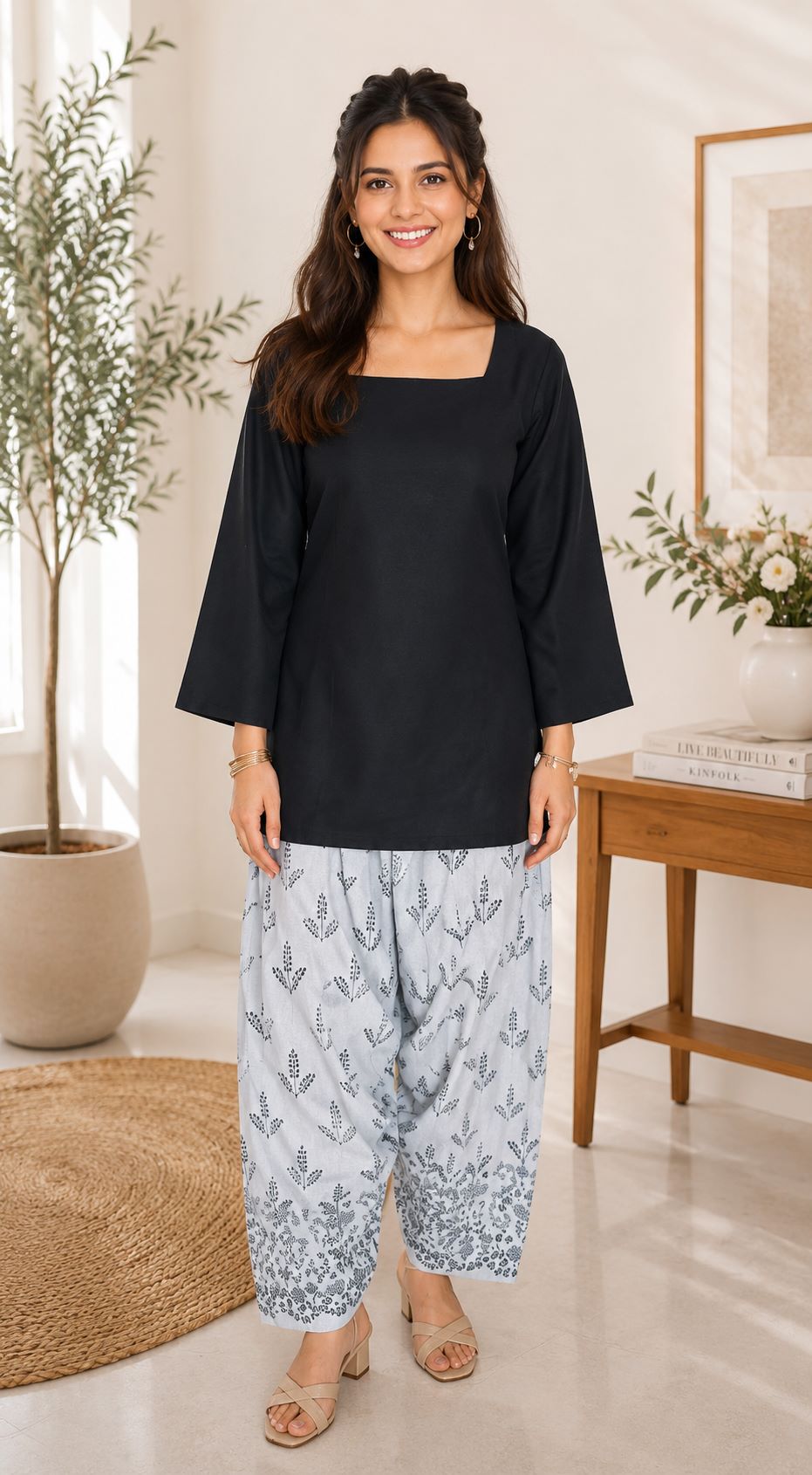 Myshka Women Black Long Bell Sleeves Cotton Blend Solid Kurta with Printed Farsi Salwar