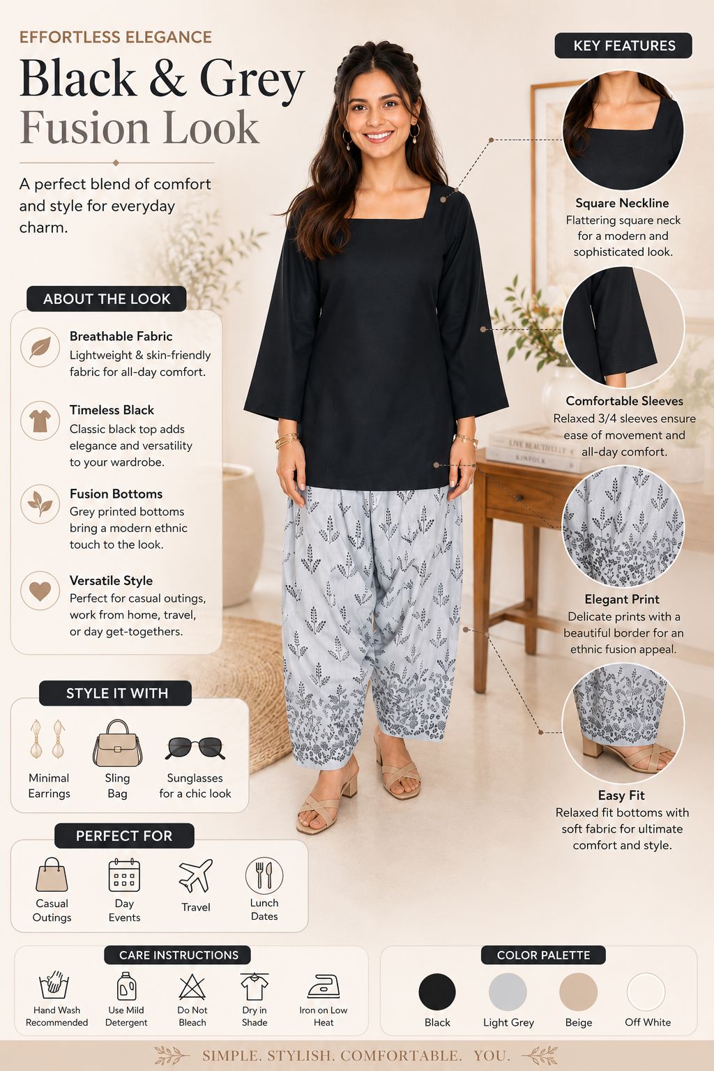 Myshka Women Black Long Bell Sleeves Cotton Blend Solid Kurta with Printed Farsi Salwar